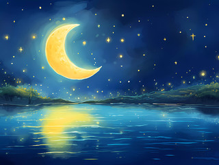 夜晚月入池塘月光倒影场景